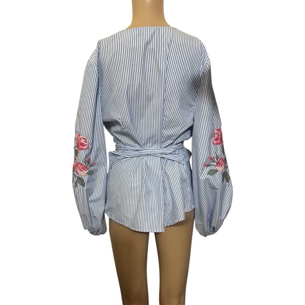INC International Concepts Blue Striped Wrap Blouse with Pink Floral Sleeves - Picture 2 of 6
